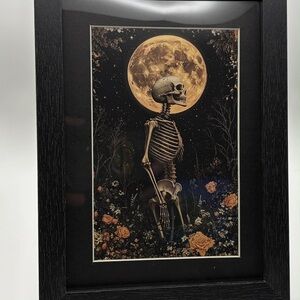 🌕🦴🌹 Skeleton & Full Moon Floral Art – Framed Gothic Wall Décor